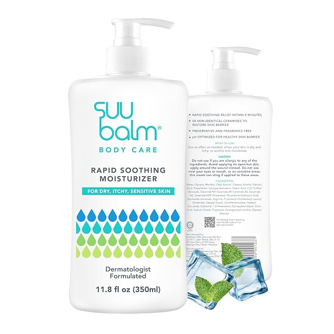 Suu Balm Intense Itch Relief Cream, Anti Itch Lotion for Sensitive Skin, Eczema, Psoriasis & Extreme, Very Severe & Dry Skin, Derm Formula, Menthol & Ceramides, 11.83 fl oz