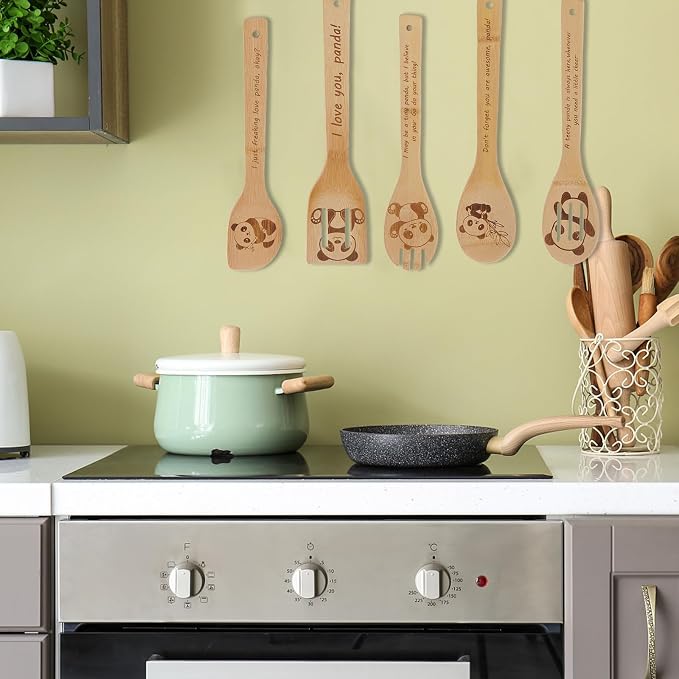 5PCS Panda Wooden Cooking Spoons Set Bamboo Cooking Spoons | Panda Kitchen Decor Housewarming Wedding Anniversary Thanksgiving Christmas for Mom Women Animal Lovers