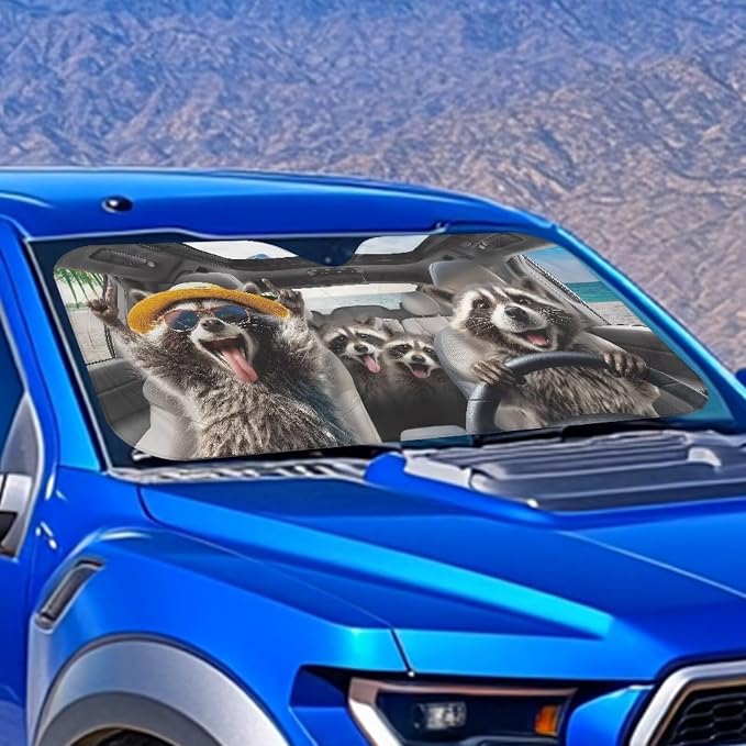 Funny Raccoon Car Front Windshield Sun Shade Universal Fit for Car Window Sunshades Cover Foldable Vehicle Windshield Protecion Heat Reduction Automotive Interior