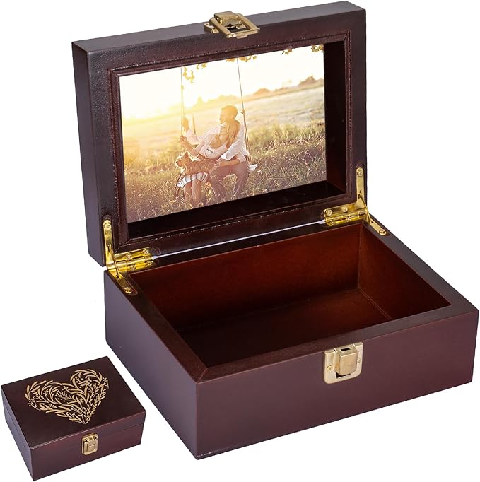 Small Wooden Memory Keepsake Boxes With Hinged Lids and a photo frame inside the lid - Decorative Storage Box With a Hinge Lids For Picture Letter Time Capsule - Wooden Gift Boxes，3.1“*5.1”*7.1“