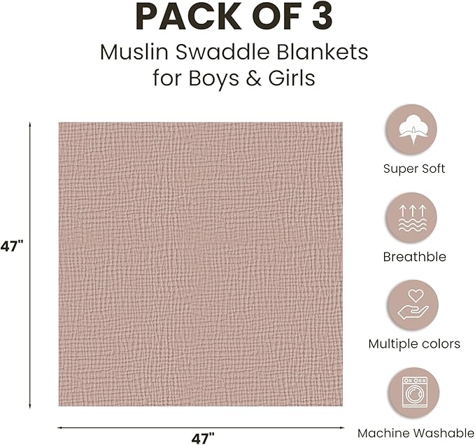 Konssy 3 Pack Muslin Swaddle Blankets for Unisex, Newborn Receiving Blanket, Large 47 x 47 inches, Soft Breathable Muslin Baby Swaddles for Boys & Girls