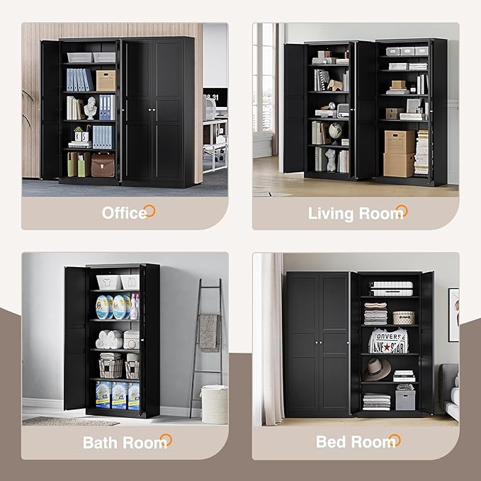 Yizosh Metal Storage Cabinet with 2 Doors and 5 Adjustable Shelves - 71" Black Kitchen Pantry Storage Cabinet, 5-Tier Tall Steel Cabinet Locker for Kitchen, Living Room, Dining Room