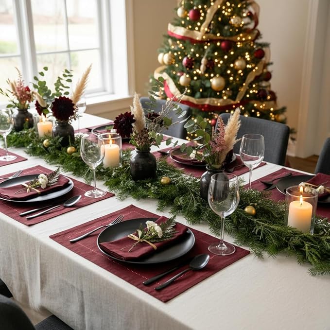 D'Moksha Homes Linen Placemats Set of 4 - Classic Hemstitch Dark Red Placemats 14 x 19 Inch - 100% Pure Linen Table Mats for Fall, Thanksgiving, Christmas, Holiday - Handcrafted and Machine Washable