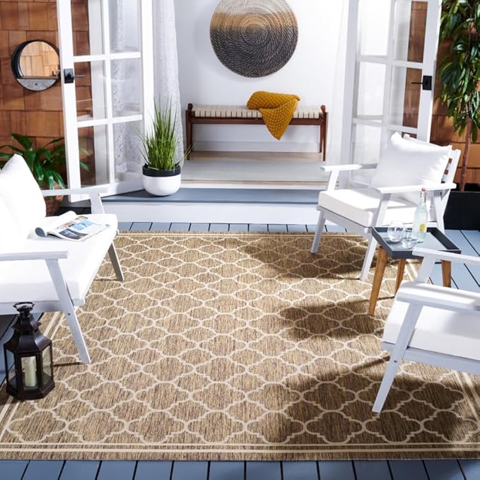 SAFAVIEH Washable Rug Outdoor Courtyard Collection - 9' x 12', Brown & Bone, Non-Shedding & Easy Cleaning, Ideal for Patio, Backyard, Mudroom (CY6918-242)