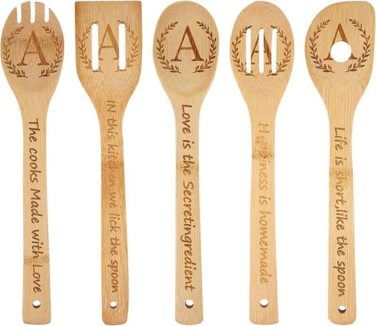 5PCS Initial Wooden Cooking Spoons Initial Letter Kitchen Decor Gifts Personalized Monogrammed Birthday Gifts for Women Mom Friend Housewarming Wedding Bamboo Cooking Spoons