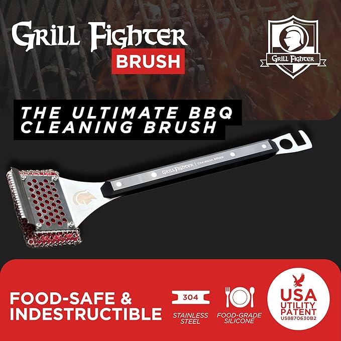 Grill Brush, Steel Bristle-Free BBQ Grill Cleaner with SteelCloth™ Stainless Steel Chainmail, Ergonomic Handle for Cast Iron, Stainless Steel & Porcelain-Coated Grates, 1 Pack