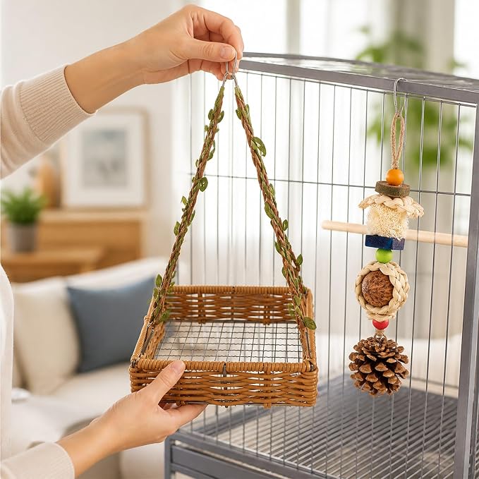 Bird Toys, Natural Parrot Chew Toy with Hanging Foraging Basket Hammock, Bird Shredding Foraging Toys for Parakeet Cockatiel Conure Cage Accessories