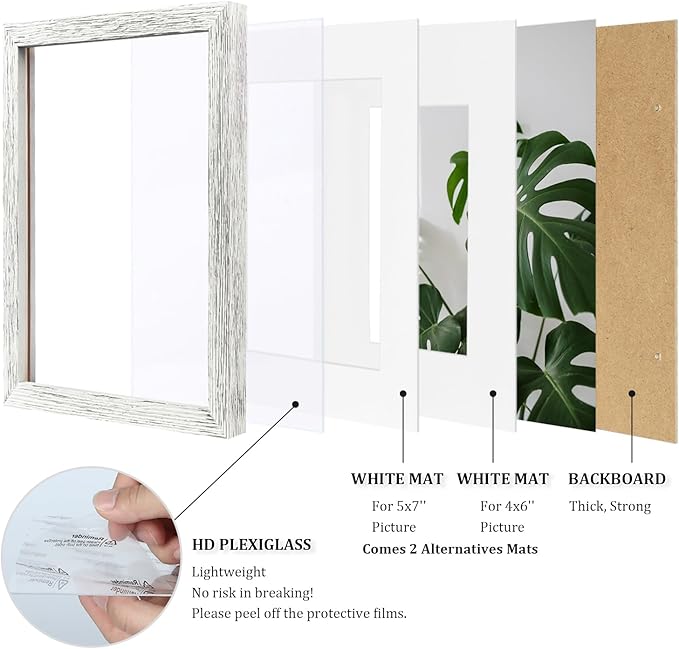Egofine 5x7 Picture Frames Set of 4, Made of Solid Wood Covered by Plexiglass 3.5x5 and 4x6 with Mat or 5x7 without Mat, for Table Top Display and Wall Mounting Photo Frame Driftwood White