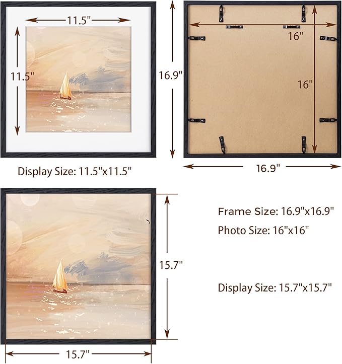 16"x16" Picture Frame in Black, Solid Oak Wood Frame 16x16, 16x16 Frame Matted to 12x12, Square Photo Frame 16x16 Inch - Tempered Glass (Black, 1 Pack)