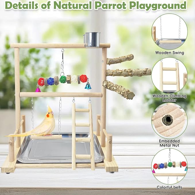 kathson Bird Playground Parrot Perch Stand Toys, Birds Wood Play Gym Activity Center Exercise Playpen Ladder Swing with Feeder Cups Chewing Toy(Include a Tray)