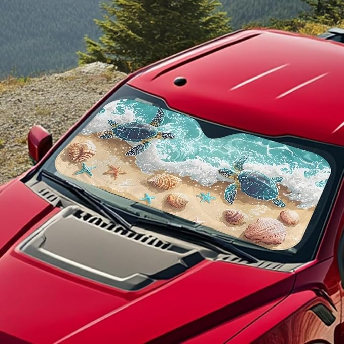 Sea Turtle Seashell Windshield Sun Shade Foldable Car Sun Shade Windshield for Front Window Block UV Rays Heat Protection Universal Fit for Most Cars SUV Keeps Your Vehicle Cool