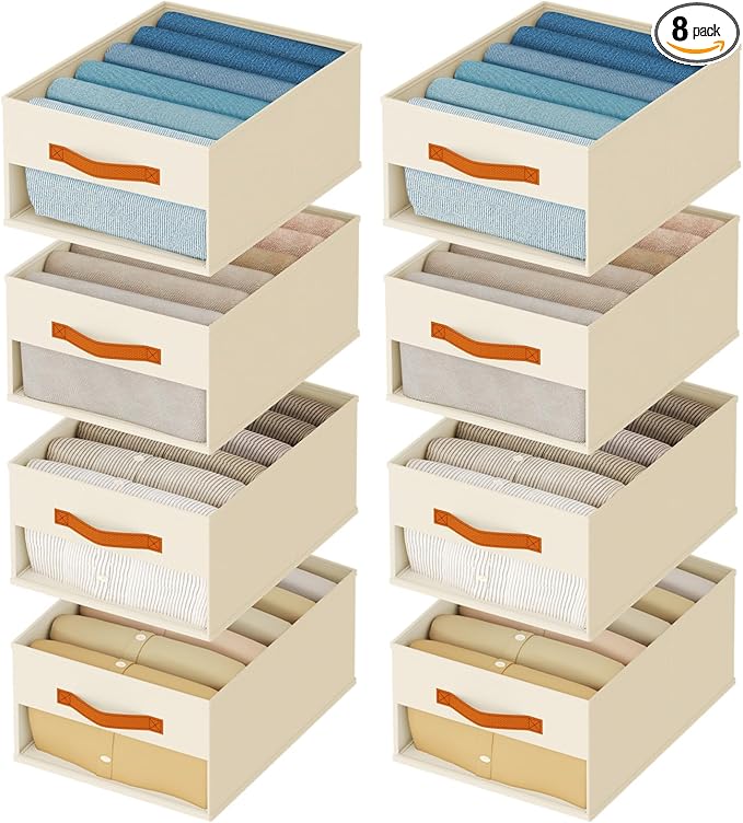 Drawer Organizers and Storage - 8 Pack Foldable Pants Organizer with Clear Window & Handles, Fabric Closet Organizer for Clothes, Jeans, Sweaters, Towels, T-shirt, Scarf (Beige)