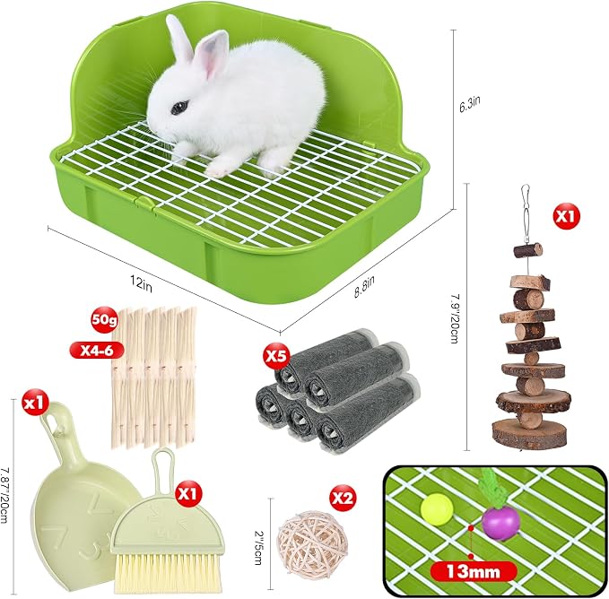 RUBYHOME Rabbit Litter Box Toilet, Plastic Square Cage Box Potty Trainer Corner Litter Bedding Box Pet Pan for Small Animals, Rabbits, Guinea Pigs, Chinchilla, Ferret, Galesaur, 11.4 Inches (Green)