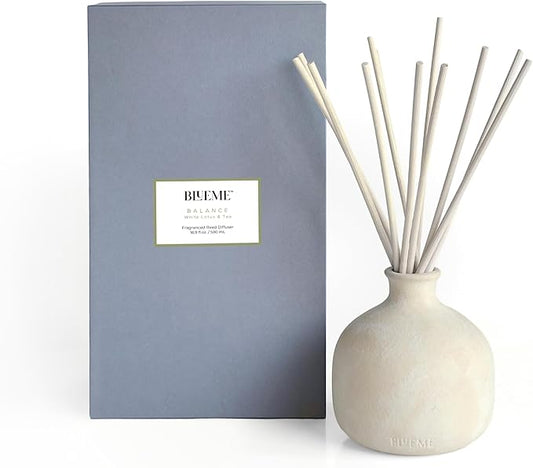 BLUEME Balance-White Lotus & Tea, 16.91 Fl Oz Wellness Diffuser, Contains Essential Oil, Sustainable, Hand Finished, Premium, Luxury Ceramic, Natural Rattan Reeds