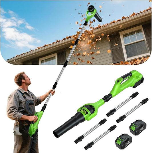 Roof Gutter Cleaning from The Ground, 21V Leaf Blowers Cordless with 2 Battery, Adjustable Pole (98inch)3 Speed Modes 500CFM/180MPH for Gutter Cleaner Extension Attachment Kit for Garden,House