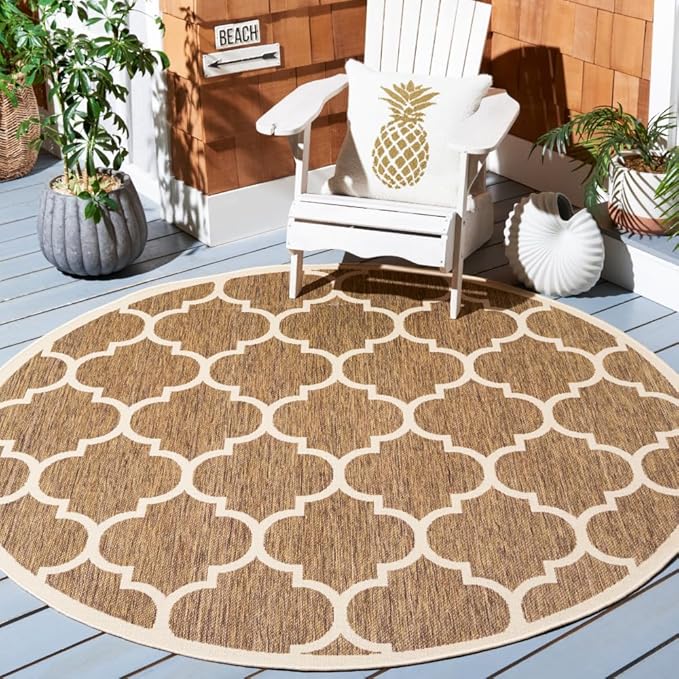 SAFAVIEH Washable Rug Outdoor Courtyard Collection - 7'10" Round, Brown & Bone, Non-Shedding & Easy Cleaning, Ideal for Patio, Backyard, Mudroom (CY6914-242)