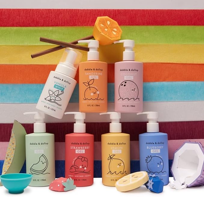 Dabble & Dollop Rainbow of Bubbles – Natural 4-in-1 Bath Set for Kids, Includes Bubble Bath, Body Wash, Shampoo, No Parabens/Sulfates, Vegan, Gluten-Free, Tear-Free (7-Pack)