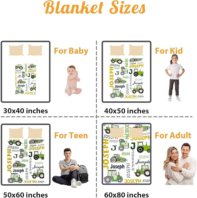Personalized Tractors Blanket - Custom Name with Farm Tractor Trucks Design - Soft Plush Flannel Bed Blanket for Baby Kid Teen Boys Girls Customized Gifts White & Green