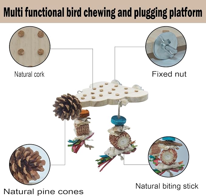 Parrot Toys, Parrot Wooden Toys Long Tailed Bird Toys with Pure Natural Corn Sticks and Pure Natural Pine Cones, Fun Bird Cage Accessories
