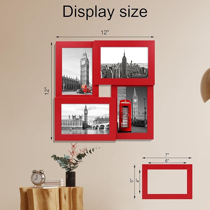 4x6 Collage Picture Frame,4 Photo Frame with Real Glass,Family Picture Frame Collage Wall Hanging or Tabletop Display,Red