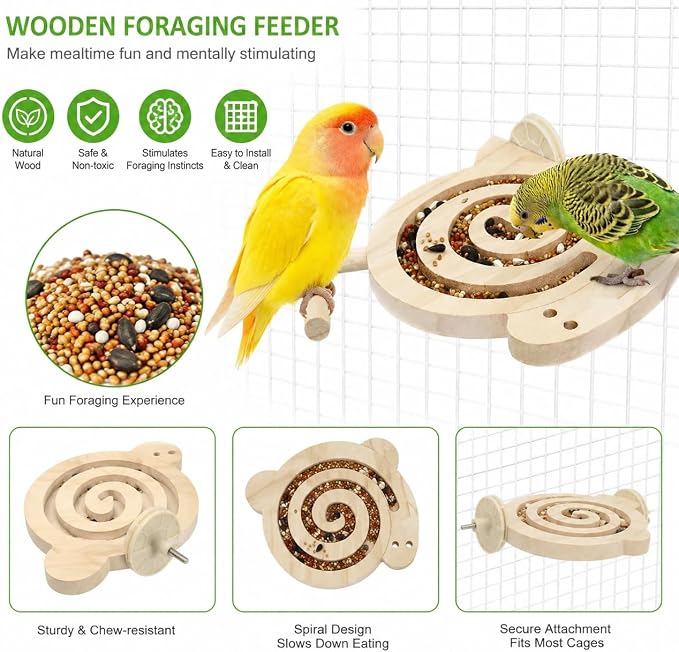 Bird Foraging Toy with Perch, Natural Kiln-Dried Wood Slow Feeder Puzzle Toy for Parakeets, Budgies Cockatiels Conures Relieve Boredom Reduce Seed Mess Prevent Overgrown Beaks for Small & Medium Birds