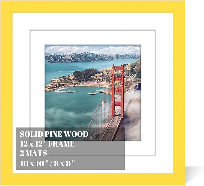 12x12 Wood Picture Frames for Wall Hanging or Tabletop,Diamond Painting Frame Baby Scan Picture Frames with 2 Mats Display 8x8 or 10x10 for Family Walls Decoration,Anniversary,Wedding,Christmas(Yellow)