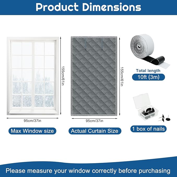 Window Insulation kit, 3-Layer Cotton Thermal Insulated Window Cover 47 Inch x 63 Inch Oxford Winter Window Covering Velcro Insulation Curtain for Cold Weather to Keep Warm (37inch X 61inch)