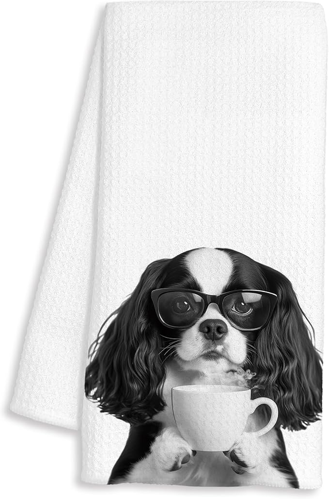 Funny Cavalier King Charles Spaniel Decor Coffee Kitchen Towels Gift, Dog Gifts, Coffee Gifts for Women, Dog Lover Gift Decorative Dish Hand Tea Towels for Kitchen Home Bar Decor, 16x24 Inch