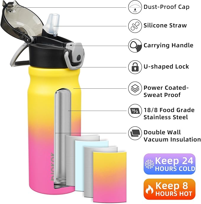 BJPKPK Stainless Steel Insulated Water Bottle with Straw Lid 18oz Reusable Metal Thermal Flask Bottles Keep Cold and Hot,Rainbow