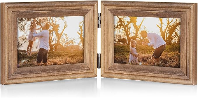 4x6 Double Horizontal Hinged Picture Frame Folding Photo Frame in Distressed Farmhouse Wood Grain Pine Wood with Real Glass for Tabletop X2-MU-2H46