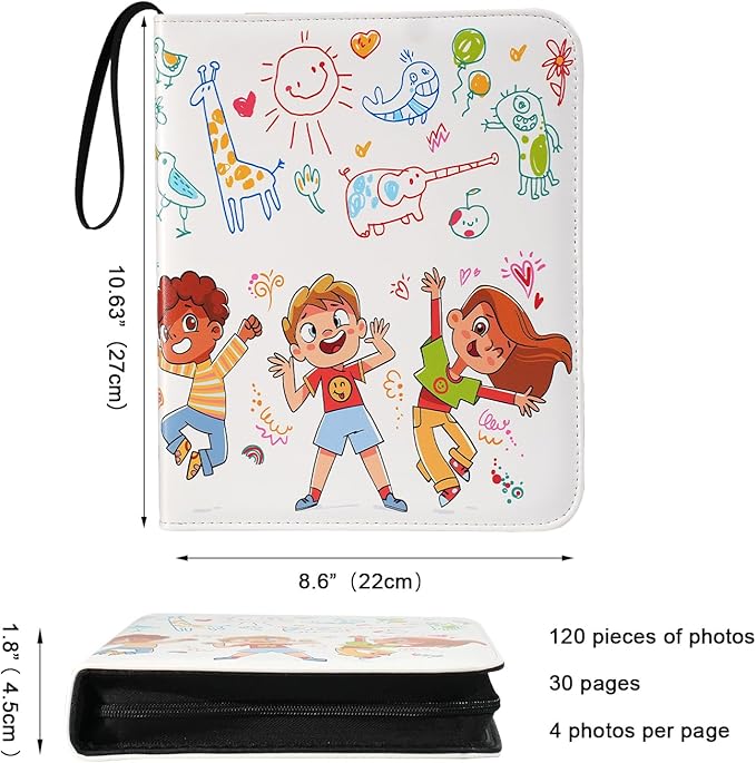 Photo Album 4x6 Pictures,120 Pockets Binder Premium Vegan Leather Cover for Family Wedding Anniversary Baby Kids Vacation. (Children Painting)