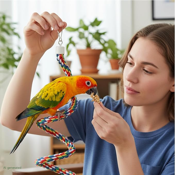 Bird Rope Perch & Birds Swing Set - Bird cage Accessories, Rope perches for Conures, Parrots,Cockatiel,Lovebird,Budgerigar,Parakeet perches for cage,Birds perches (Pack of 2)