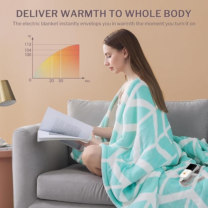 VENTIMI Electric Blanket Heated Throw, 72" x 84" Heated Blanket with 9 Heat Levels & 2 to 10 Hours Auto Off, Fast Heating Blankets with ETL & FCC Certification, Green