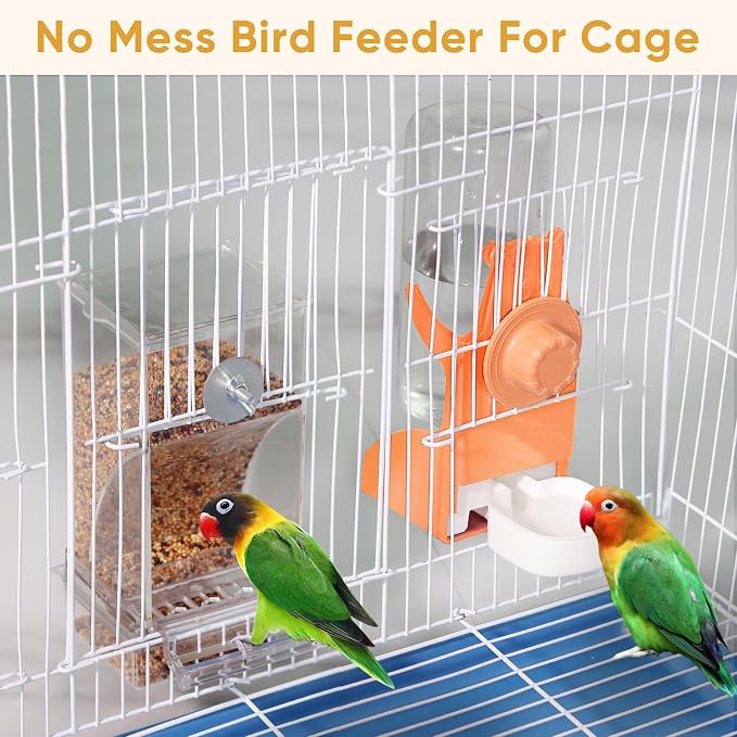Kenond No Mess Bird Feeders Water Dispenser Set，Automatic Feeders for Cage | Automatic Parrot Feeder Cage Accessories, Clear Seed Container Food Drinker for Cage, for Cockatiel Lovebirds Budgies Canary