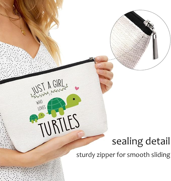 Blue Leaves Just A Girl Who Loves Makeup Bag Turtle Cosmetic Bag | Gifts for Turtle Lovers, Women, Funny Birthday Christmas Gift Ideas for Teens Daughter, Sister, Stuff Merch Animal Lover