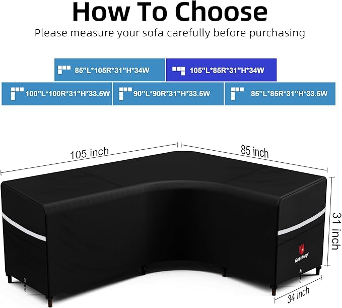 Rosefray Outdoor L-Shaped Sectional Cover-600D Patio Sectional Sofa Cover, Waterproof Furniture Covers for Deck, Lawn,Backyard 105”x85”Right Facing Black