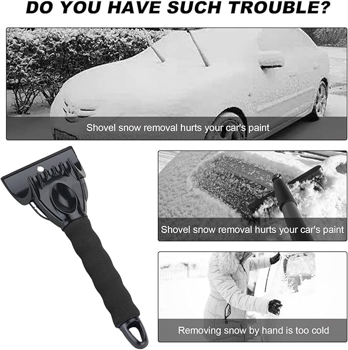 Ice Scraper for Car Windshield, Scratch Free Foam Gripped Windscreen Snow Scraper Frost Ice Crusher, Winter Window Snow Shovel Frost Removal Tool for Car Small Trucks (Black)