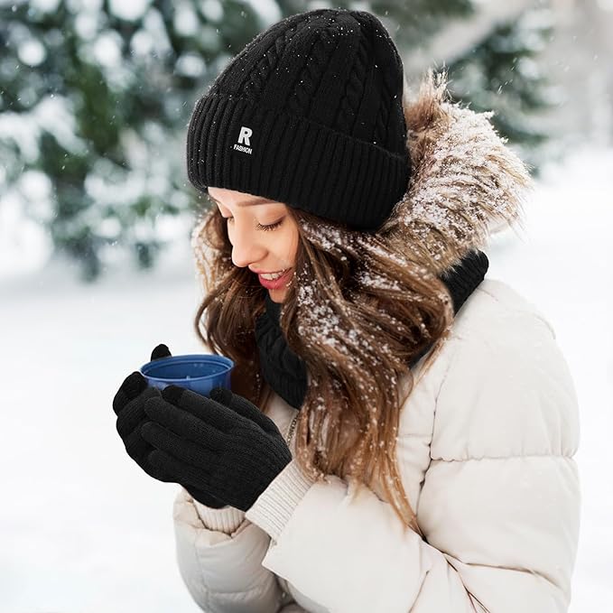 Winter Beanie Hat Scarf Gloves Set for Men Women, Slouchy Mens Winter Clothes Hats Neck Warmer Touchscreen Gloves