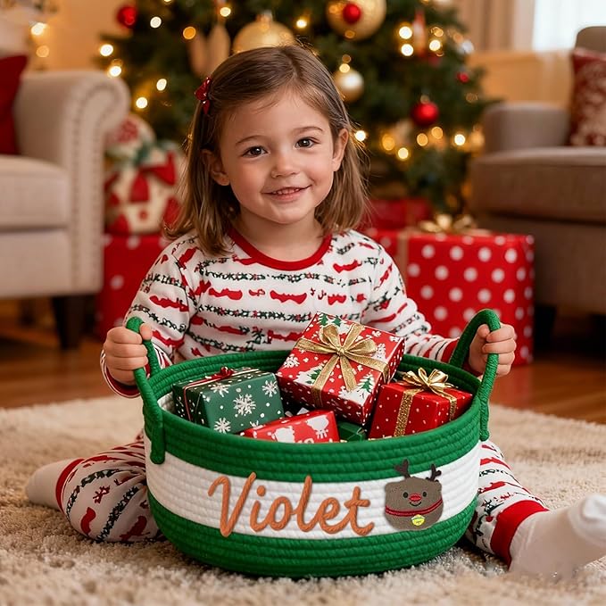 Personalized Christmas Gift Baskets for Kids,Custom Baby Shower & Holiday Nursery Storage Organizer,Name Design Toy Storage Bin,Handmade Cotton Rope Keepsake Caddy