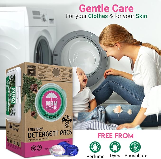 WBM Laundry Detergent Pods - Ultra-Concentrated, Hypoallergenic, Stain-Fighting, Evergreen Scent, 32-Pack, Recyclable Packaging for Eco-Friendly Cleaning