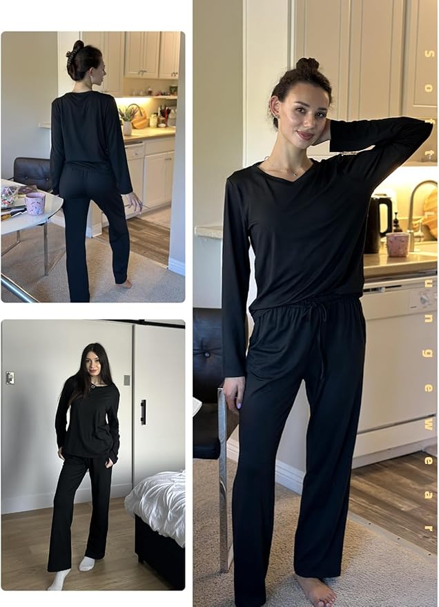 Ekouaer Womens 2 Pack Pajama Set Long Sleeve Pajamas Top and Pants V Neck Pjs Set Soft Loungewear with Pockets