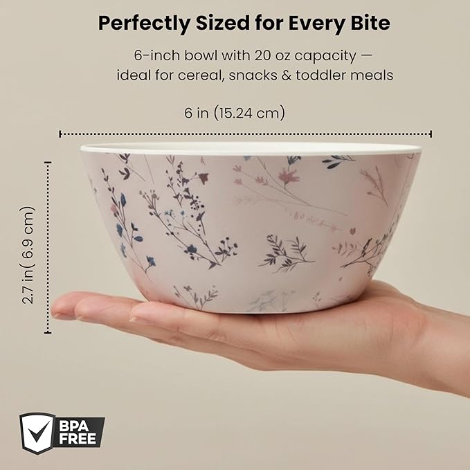 Bamboo Bowl Set of 4 – 6 Inch 20 oz Durable Deep Cereal and Snack Dishware for Kids and Toddlers – BPA Free, Dishwasher Safe, Lightweight Alternative to Plastic or Ceramic (Fleur Design)
