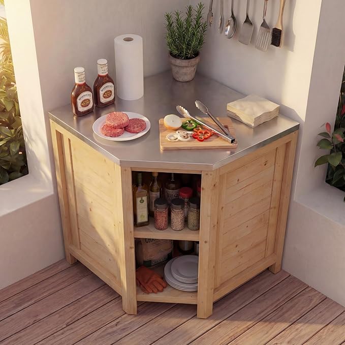 MOUMON Corner Patio Kitchen Storage Cabinet with Stainless Steel Countertop, Solid Cedar Patio Prep Table for Grilling, Outdoor Cooking Station, Oak 35.4”W x 35.4”D x 37.4”H