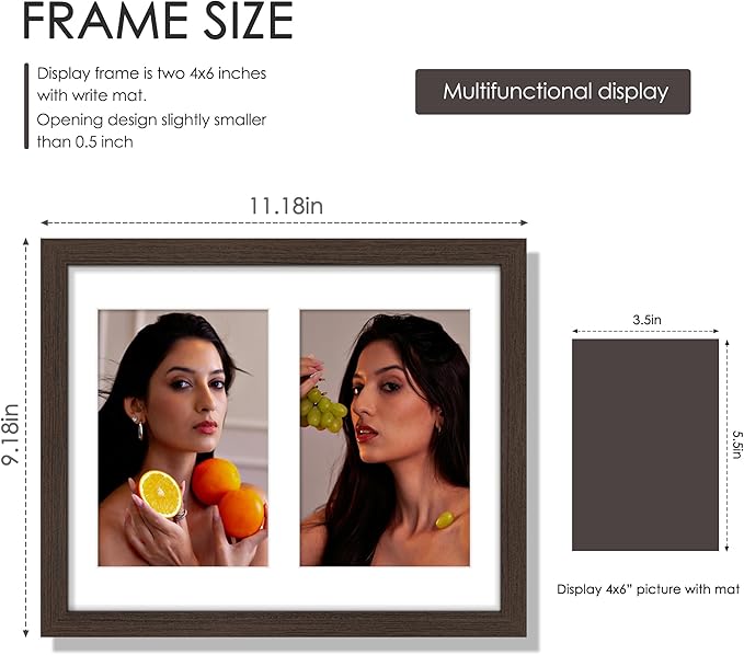 8x10 Double Picture Frame For Displaying Double 4x6 Picture Frame for Wall Mounting or Tabletop, Walnut.
