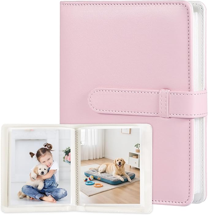Lifting Photo Album 4x6 with 68 Pockets，Premium Vegan Leather Cover Small Photo Album Book，Mini Picture Album for Family Birthday Anniversary Baby Vacations (Pink)