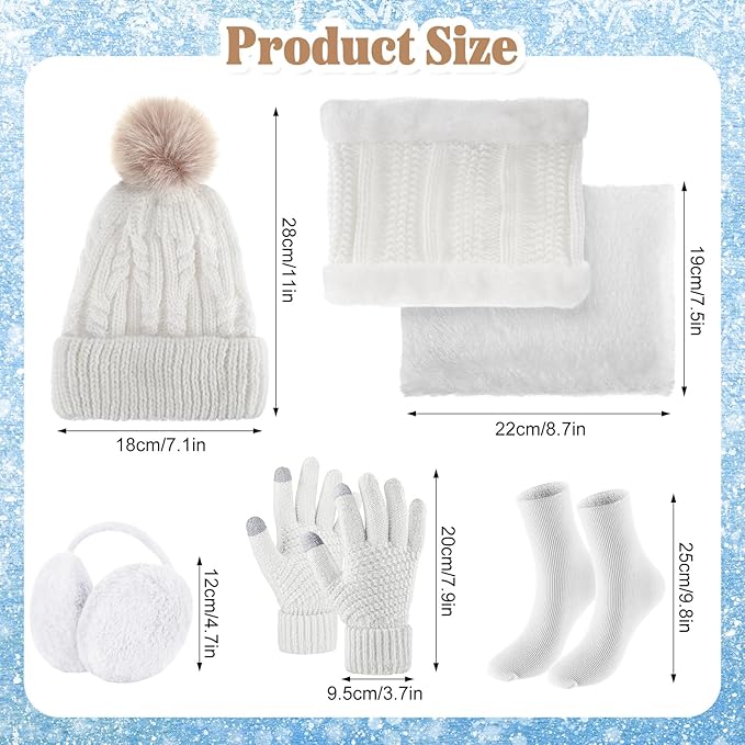 SATINIOR 5 Pcs Winter Hat Scarf Gloves Set Fleece Warm Lined Knit Beanie Hat Touch Screen Earmuff Gloves Warmer for Women(White,Fresh Style)
