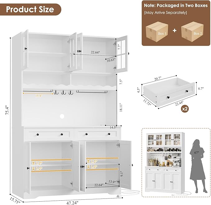 HOSTACK 75.4" Tall Kitchen Pantry Cabinet with Charging Station, Modern White Kitchen Hutch with Microwave Stand and Wine Racks, Large Food Pantry Storage Cabinet with Glass Doors and Drawers, White