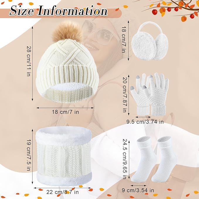 SATINIOR 5 Pcs Winter Hat Scarf Gloves Set Fleece Warm Lined Knit Beanie Hat Touch Screen Earmuff Gloves Warmer for Women(White,Stylish Style)