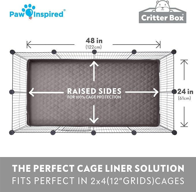 Paw Inspired Critter Box Cage Liner, Raised Sides, C&C 2x4 (12 Inch Grids) | Washable Fleece Bedding for Guinea Pigs Rabbits, Hamsters, Small Animals, Edge Protected Pee Pads
