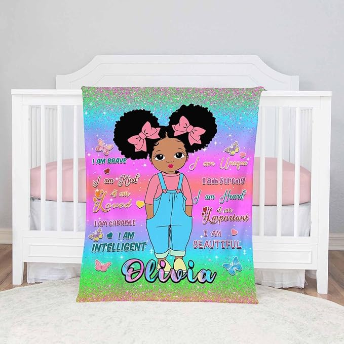 D-Story Custom Blanket with Name Text, Customized Flannel Throws Blankets Personalized Blanket Black Girl Blanket for Adults Kids Birthday Day Gift
